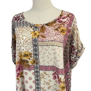 Maurices Boho Floral Blouse Womens 1X Pink Cream Patterned Short Sleeve NWT
